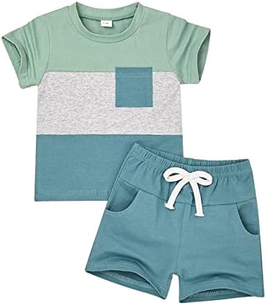 Домоабеј бебе момче облека, дете, лето облеки, кратки ракави крпеница маица џеб панто момче, поставена 12 месеци-4Т