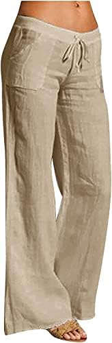 Rushенски постелнина Rushaibar Long Lounge Lounge панталони со високи половини, лабава вклопени обични панталони со џебови