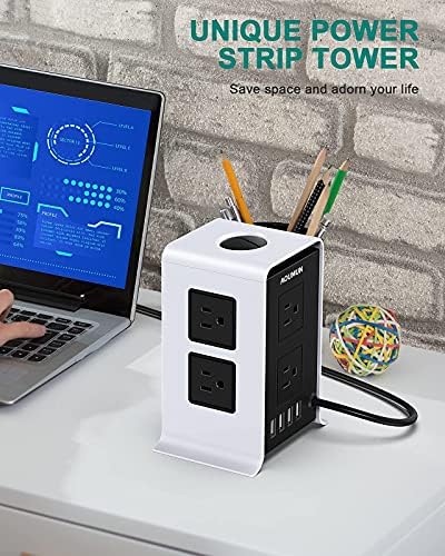 Power Strip Tower Surge Protector, 8 продавници за наизменична струја и 4 USB порти, жици за продолжување од 10ft/3m, заштита од преоптоварување,