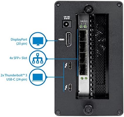 Thunderbolt 3 до 10 GBE NIC - 4 x Отворено SFP+ порта - Надворешно куќиште за PCIe - со порта за монитор на DisplayPort - Thunderbolt