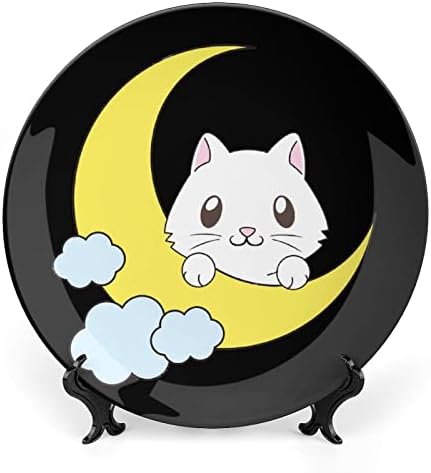 Симпатична мачка на Месечината што виси керамичка декоративна чинија со приказ Стенд Прилагодени годишнини за свадбени подароци за родители,