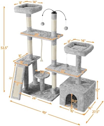 Повеќестепено кадифен мачко дрво активност кула игра центар со места за гребење на сисал, светло сива мачка пост дрво со играчка топка голема