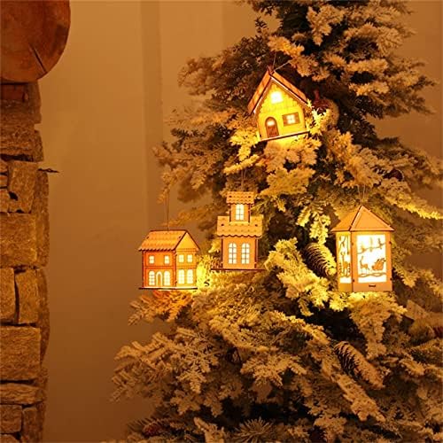 Декорации за новогодишни елки, Божиќни висечки украси светлечки дрвени куќи предводени светлина DIY дрвена вила елка што виси украси