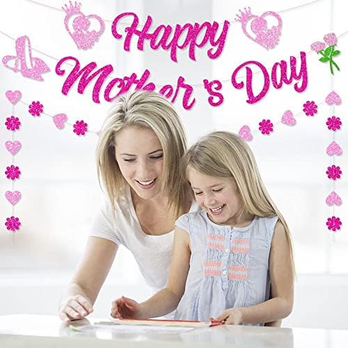 Декорација На Забава За Денот на мајката, 1 Комплет Розова Фуксија Знак За Среќен Ден На Мајката Банер 1 Најдобра Мајка Некогаш Вметнување