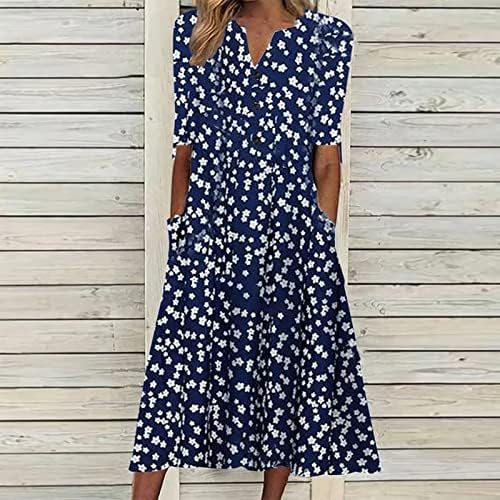 Ксиншид цветни печатени фустани за жени 2022 случајни со џебови копче v-врат за одмор миди фустан Бохо Сандерс Течен фустан
