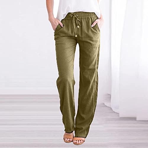 Ленс панталони за жени со висока половината лабава вклопување S-3XL влечење широка нога со џебови директно цврсти лесни панталони