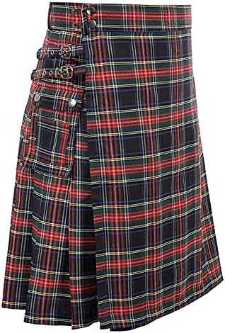 Големи и високи панталони за машки мода шкотски стил карирани во боја на контраст во боја на џеб, плетени здолништа, лесни панталони