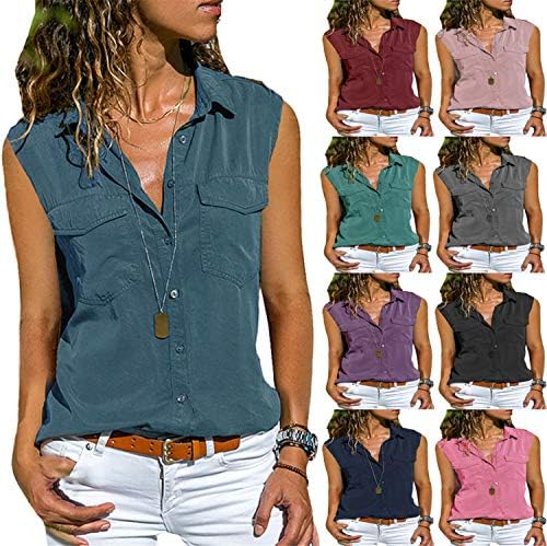 Andongnywell женска цврста боја во боја на лежерна кошула против вратот без ракави без ракави со џебови предно копче блуза