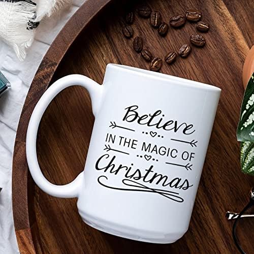 Верувајте во магијата на Божиќната керамичка кригла Обична бела кригла Цитати за потсмевање кафе, чаша за чаша, чоколадо, исполнето Божиќно