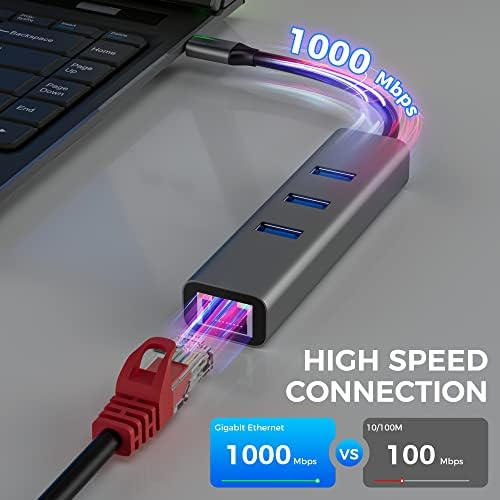 TOGCONN USB C До Етернет Адаптер, Пренослив 4 во 1 Мултипорт Центар со 1 GIGABIT RJ45 Ethernet Порта и 3 x USB 3.0 Порти За MacBook Pro/Air