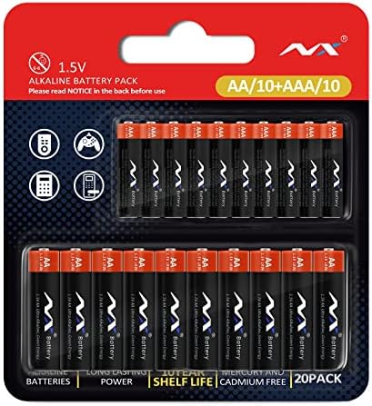 Tsrwuily AA & AAA батерија 20 брои комбо пакувања Супер алкални батерии, ултра долготрајни алкалини со високи перформанси-10 двојни батерии