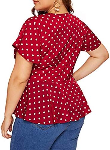 Плус големина блузи за жени со кратки ракави летни кошула Полка точки јазол предна длабока V врат Туника на врвови за хеланки