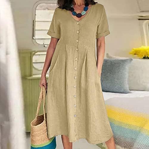 Womenените лето макси фустан обичен v-врат цврст краток ракав копче џеб памучен постелнина маички со маички фустани туничен фустан