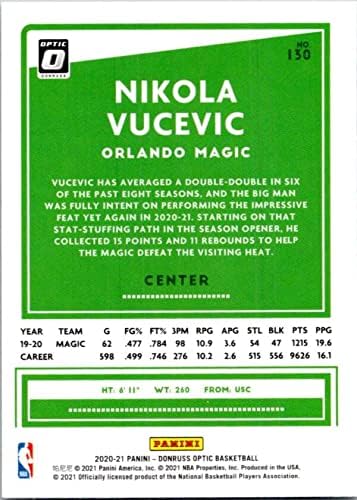 2020-21 ДОНРУС ОПТИКА 130 Никола Вучевиќ Орландо Меџик Службен официјален картички за трговија во кошарка во НБА во сурова состојба