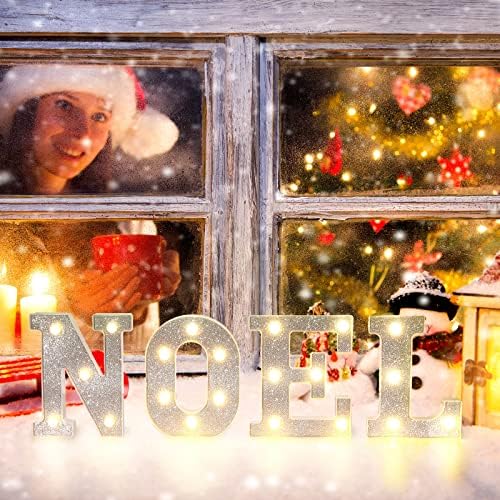 4 парчиња предводени букви светла Ноел светло знак за Божиќни сјајни букви, батерии со батерија со маркети букви за ноќен дом бар роденденски свадба Божиќна забава