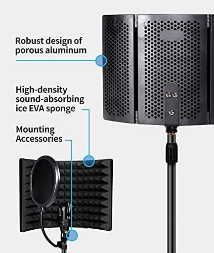 Професионално студио за снимање на микрофон изолациски штит за преклопување со биро за микрофон, поп -филтер густина Апсорбирајќи ја пената