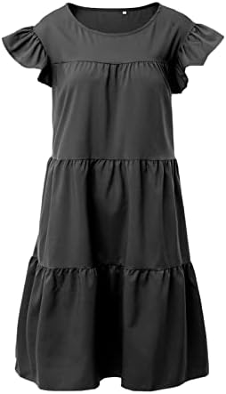 Midенски миди фустани женски летен обичен фустан краток ракав Елегантен фустан со цврста боја на вратот свеж лист