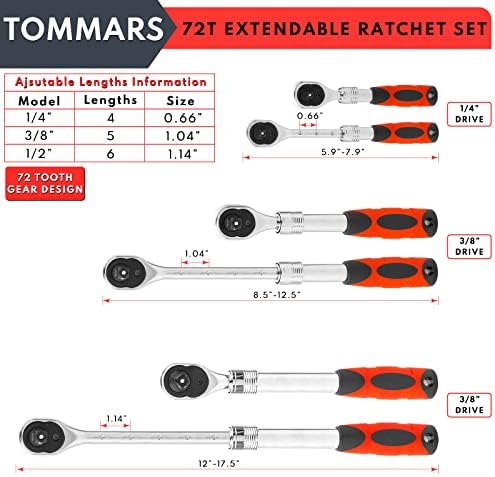 Tommars 3 PCC 72-Tooth Extendable Ratchet Постави брзо-Release Reversiable Drive Socket Socket Големина: 1/4 3/8 1/2 инчи