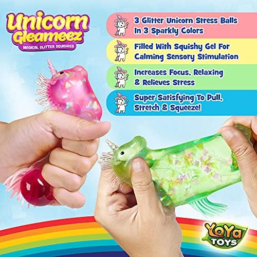 Yoya Toys Gleameez Unicorn Stress Ball Fidget играчка | Сјајно пензиско стискање играчка за олеснување на анксиозноста, стрес, управување со