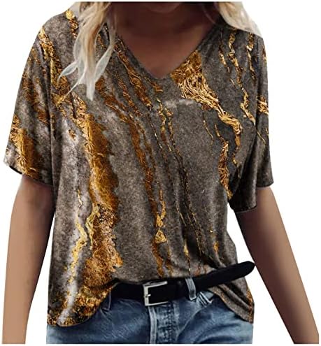 Lcepcy v вратот блуза за жени мермер печати кратки ракави летни маици обични трендовски лабави маички кошула