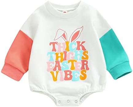 Wallarenear бебе момче девојче Велигденска боја блок џемпер ромпер со долги ракави за зајаче меур за печатење, пролет преголеми врвови