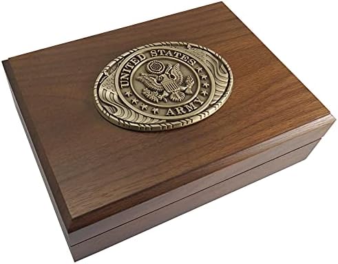 Индијана Метална занаетчиска кутија со шарки со орев со прицврстен медалјон со цврст месинг на американската армија направен во САД
