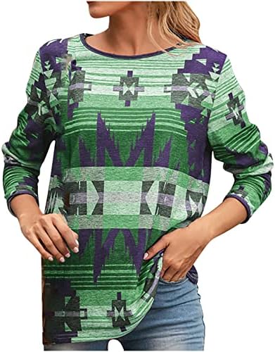 Геометриски шема на национален стил на жени, печатени врвови со долги ракави, тркалезни маици со вратот паѓаат лабави блузи пуловер