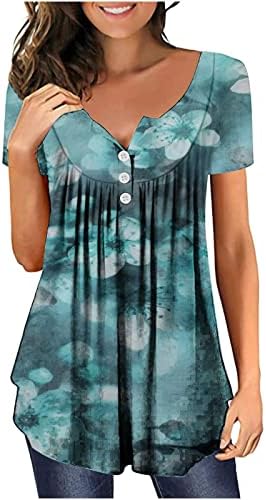 Есенско летно копче надолу по кошула за блузи за жени 2023 година со кратки ракави памучни екипаж, цветен графички плетен маица