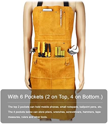 PKWL кожни заварувачки престилки за мажи и жени, со 6 џебови со алатки, вкрстени прилагодливи ленти за рамо, отпорни на топлина и ретардант