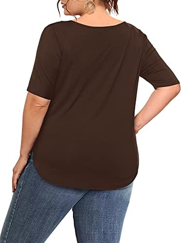 Аморету Жени Плус Големина Блузи В-Вратот Краток/Долг Ракав Маица Обична Блуза