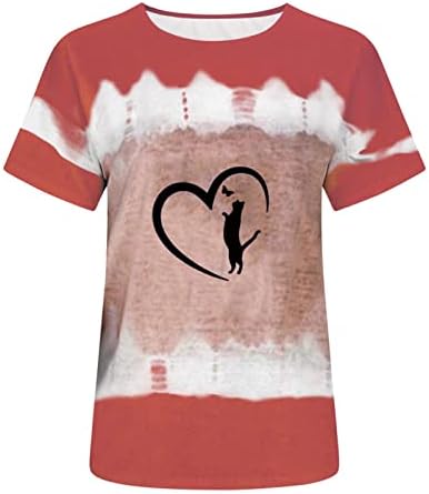 Женски врвови облечени обични кружни врати летни маички со кратки ракави, loveубов со срцев печатен пулвер блуза маица лабава