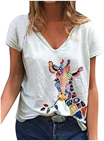 Плус големина на врвови за жени обични v врат кратки ракави маици лето симпатична графичка кошула за печатење лабава фит блузи маици