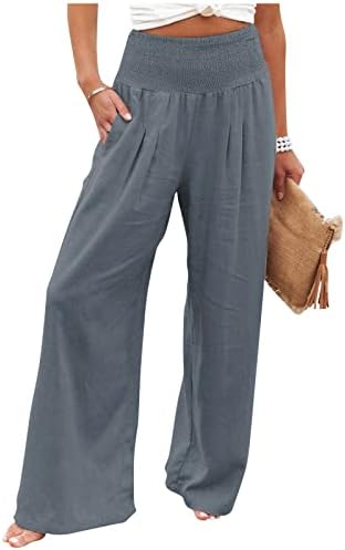 Уфоко жени памучни постелнина еластична висока половината широки панталони за нозе дневно обични лабави плажа палацо панталони со џебови