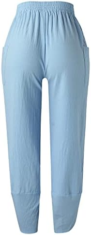 Grge Beuu женски памучни постелнини долги панталони Еластични половини со високи половини, обични панталони капри исечени вреќички панталони