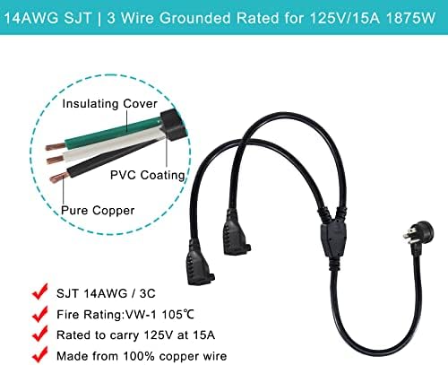 2ft Продолжение за продолжување на напојувањето 2 Way Splitter- 1 до 2 Splitter Outlet Power Cable Black, SJT 14AWG, 1875W Внатрешен