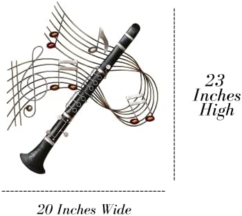 Допир на класа кларинет мелодии музички метални wallидни уметности црни, музички ноти, димензионален дизајн на отворено | Мерки 20 инчи во ширина од 23 инчи во висина
