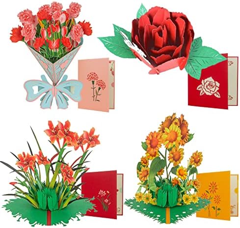 Поп -картичка, картички за Денот на мајката, 4 парчиња цветни 3Д честитки картички, благодарам картичка со мајки за мајки за