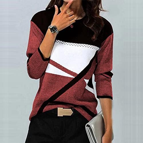 Blockенски блок во боја пад на долги ракави џемпер со тркала на вратот за бојата на контраст во боја со долг ракав маица
