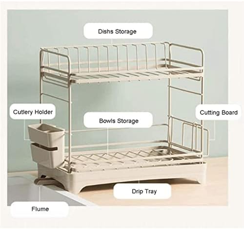 Qingjie 2-Tier Drighter Drighter Rack Rack Iron Dish Rack, решетката за сушење на садови со голем капацитет со табла за одводнување на вртење од 360 °, држач за прибор за јадење, отстранлива ле?