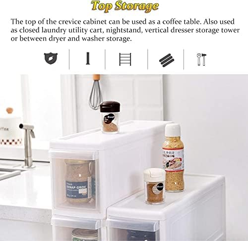 Мал кабинет за складирање на бања кујна тесна полица со фиоки, бела екстра висока пластична тенок лизгање количка за складирање, бесплатно стоење