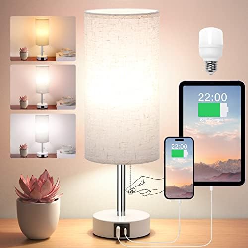 Hong-in Sightstand Lamp со 3 режими на бои-Беж ламба за спална соба со USB-C USB-A порти за полнење, 3000/4000/5000K светилки во кревет од ланец,