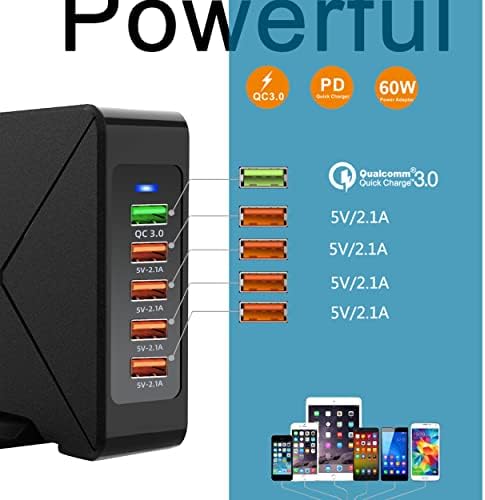 Wyssay 60W 5 -порта за полнач за напојување со 5 -порта, станица за полнење USB - Multi Charger, USB брз полнач компатибилен со