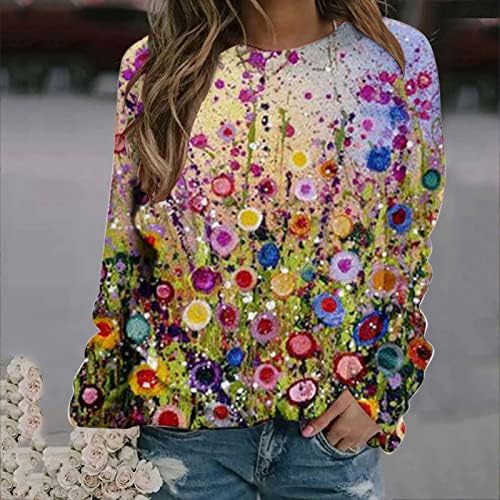 Narhbrg жени разнобојни шарени џемпери, женски симпатични бои за печатени графички џемпери со долги ракави на екипажот на вратот