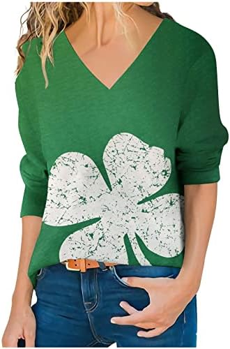 Смешна маица на Сен Пат Патрик В-врат за жени за жени се тркалаат со долга ракав блуза ирска шама за печатење на кошулата Детелина