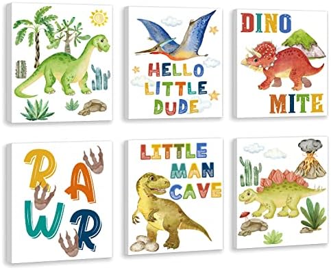 Hpniub Диносаурусарска расадник за печатење, детски зборови wordsидни уметнички сет од 6 парчиња цртани животни платно плака,