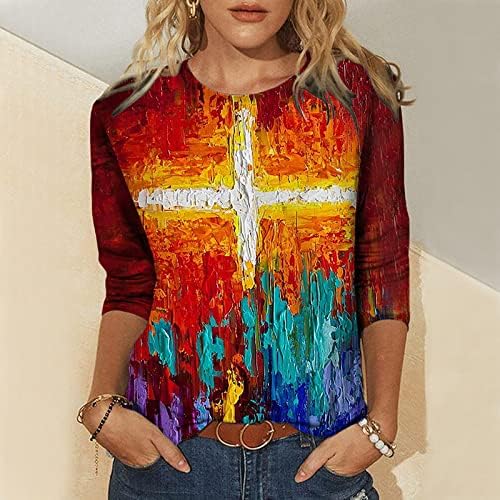 Графички маички за жени 3/4 кошули со ракави смешни маслени слики вкрстена вера маица симпатични врвови за тинејџери помлади