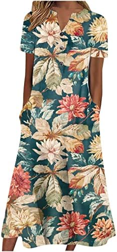 Womenените летни обични макси фустани Краток ракав против копчето за вратот на вратот до цветно лабава тунична плажа фустан со џебови