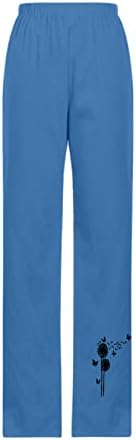 Женски памучни постелнини долги панталони опуштени вклопени глуварче печати директно панталони еластични половини бохо летни панталони со џебови