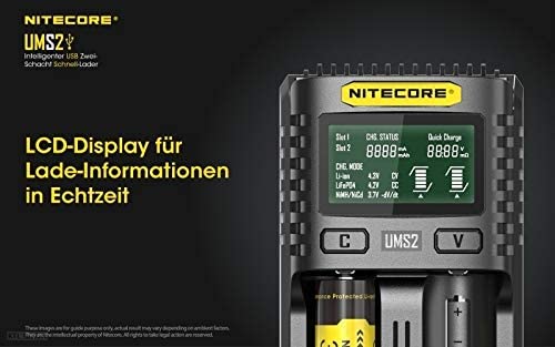 Nitecore UMS2 USB Universal 2-Port Speed ​​Smart Battery Charger за Li-Ion/Ni-MH/NI-CD/IMR 26650 22650 21700 20700 18650 18490 18350 17670 17500 17335 16340 RCR123 14500 10440 AAA AAAA C D BATTERIE