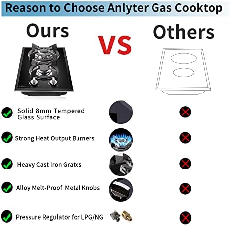 Anlyter 12 -инчен гас готвач, 2 горилници вграден шпорет на гас со каленски стаклен гас шпорет Топ LPG/ng конвертибилно двојно гориво запечатено гасно гас - црно